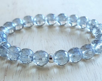 Pale Blue Plated Quartz Gemstone Bracelet, 8mm AA Grade Faceted Beads, Gift for Her