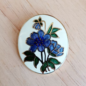 Vintage Fish & Crown Cloisonné Floral Brooch, Signed, 1.6" x 1.2", Gold Plated, Vibrant Blue, Green on White Background