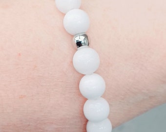 White Jade Stretch Bracelet: 8mm Gemstone Beads, Pisces Crystal