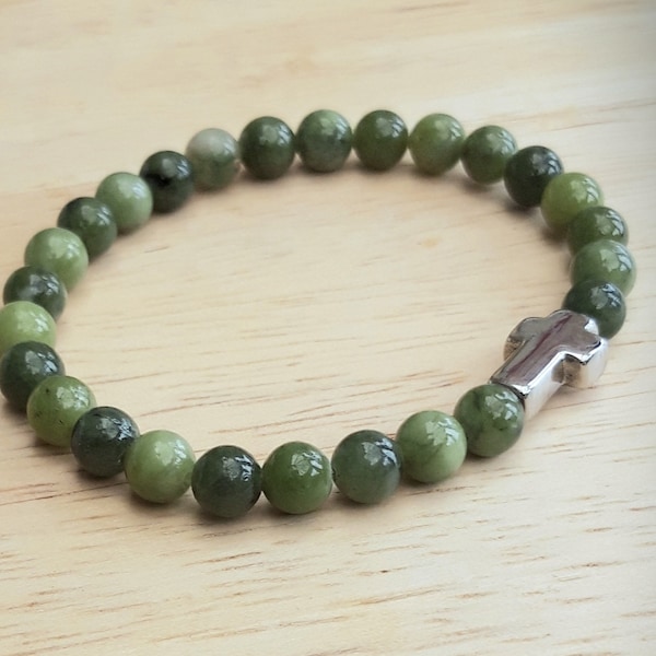 Natural Green Jade Crystal Bracelet with Stainless Steel Cross, 8mm Undyed Gemstone Beads, Handmade, Protection, Heart Chakra,