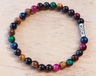 Tiger Eye Rainbow Bracelet: 6mm Multicolour Gemstone Beads, Stainless Steel