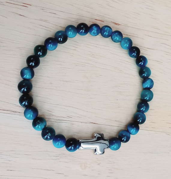 Peacock Blue Tiger Eye Bracelet With Cross, 6mm Gemstone Beads