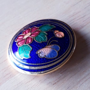 1980s Vintage Cloisonne Gold Plated Butterfly & Floral Brooch, Colourful Cameo on Dark Blue Enamel