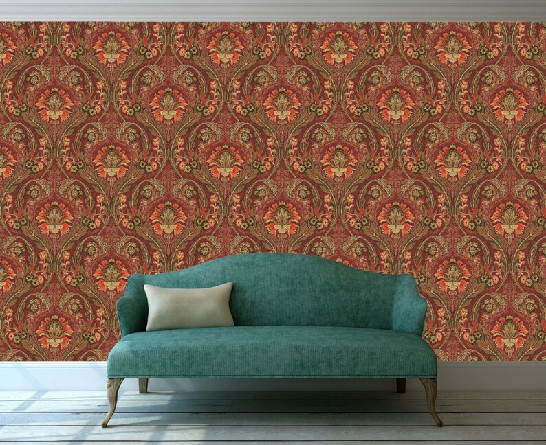 Classic Damask Peel and Stick Wallpaper Red and Gold Removable | Etsy