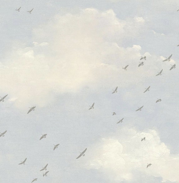 Peel and Stick Cloud Wallpaper Bird Removable Design Blue and | Etsy