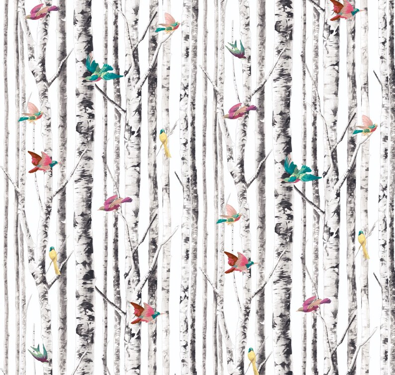 Peel and Stick Bird Wallpaper White Birch Tree Pink Bright Etsy