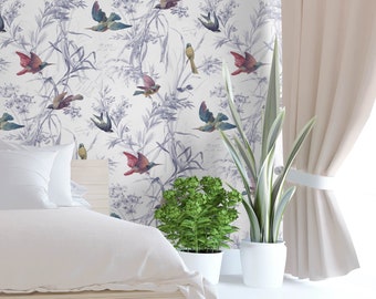 Hummingbird Peel and Stick Wallpaper in Bright Bold Watercolors Self-Adhesive Easily Removable Renter Friendly Eco Safe