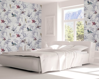 Whimsical Bird Wallpaper in Colorful Bright Bold Watercolors Soaring in Paradise