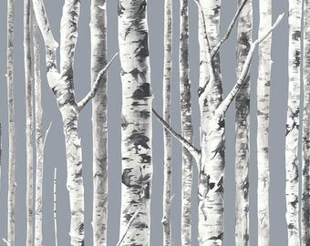 Birch Tree Peel and Stick Wallpaper Removable Silvery Gray with Black and Cream Markings Custom Made in America Vinyl Waterproof PVC Free