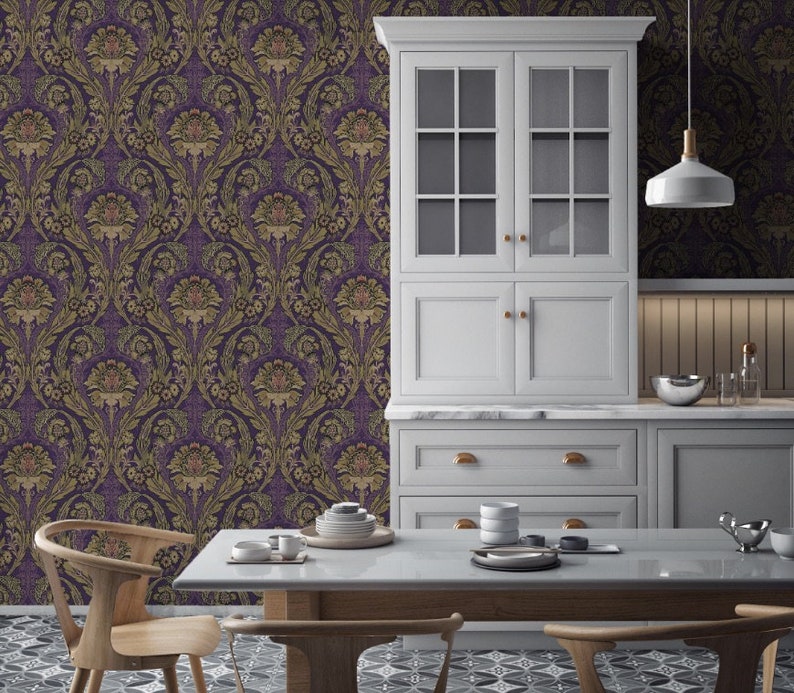 Damask Peel and Stick Wallpaper Purple and Gold Removable Etsy