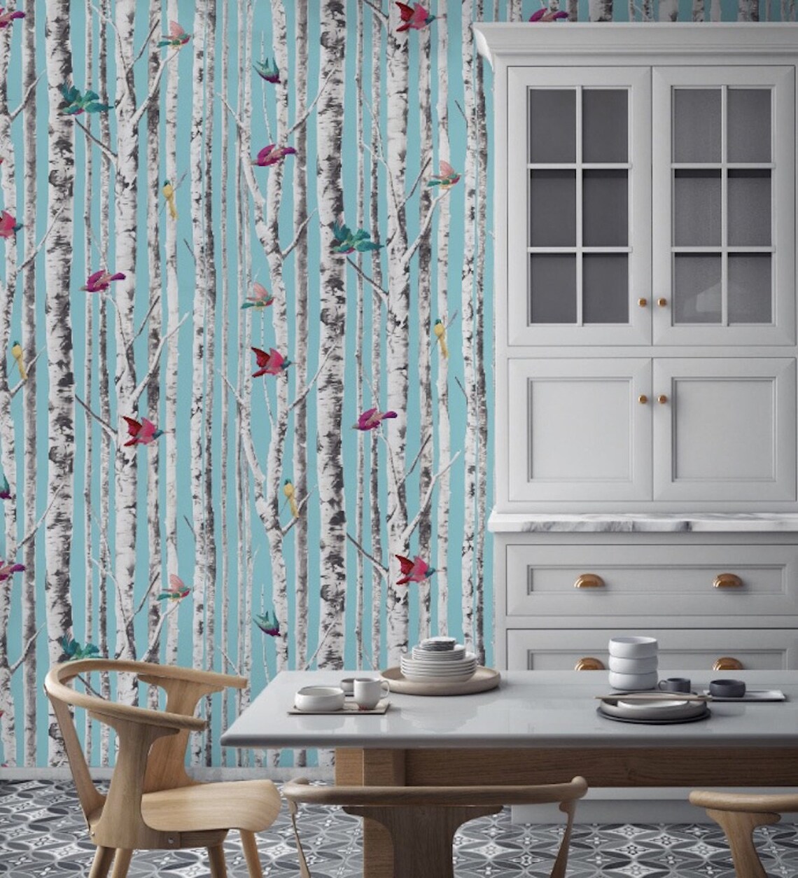 Peel and Stick Bird Wallpaper Blue with Birch Trees Bright Etsy