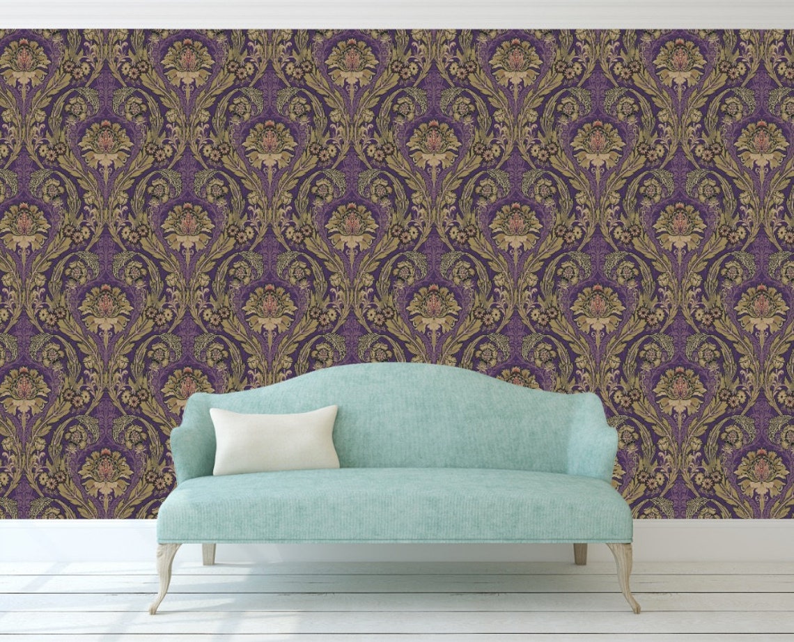 Damask Peel and Stick Wallpaper Purple and Gold Removable Etsy