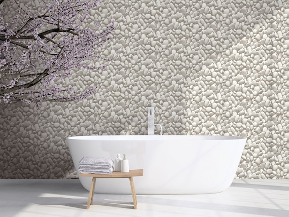 Gray Stone Peel And Stick Wallpaper White Pebble Rock Etsy