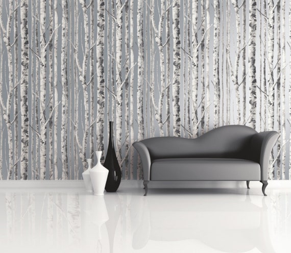 Silvery Gray Birch Tree Removable Wallpaper With Winter White - Etsy Silvery Gray Birch Tree Removable Wallpaper With Winter White - Etsy