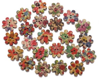 PBois18   -  10 jolis boutons de couture en bois forme fleur multicolore,20mm