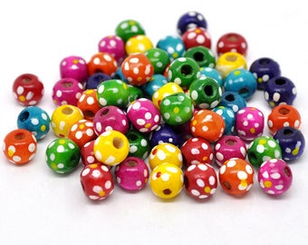PBois6   - Lot de 30 perles rondes en bois 10mm, couleur mélangées, motif pois