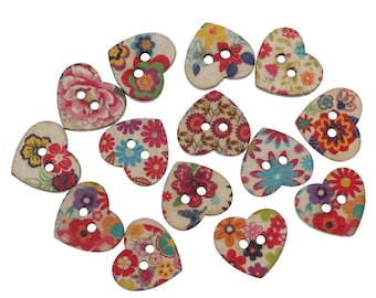 PBois16   -  8 jolis boutons de couture en bois forme coeur motif fleuri nature, 24x22mm