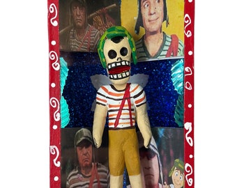 Skeleton El Chavo del Ocho Shadow Glass Box Nicho 6” Day of the Dead Skeletons Ofrenda Clay Barro Figurine Handmade