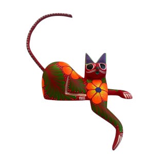 Cat Alebrije, Oaxaca Alebrije Wooden Hand Carved and Painted 5” Figurine