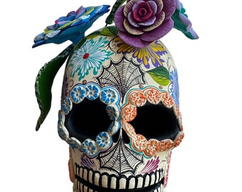 Day of the Dead Calavera Sugar Skull, Handmade Mexican Folk art Sculpture Dia de los Muertos