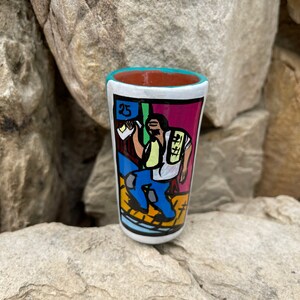 2oz, Mexican Loteria Borracho Tequileros Clay Shot Glass With Plate Hand Painted Talavera Drink Ware (MULTIPLE COLORS)