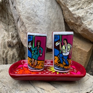 2oz, Mexican Loteria Borracho Tequileros Red Clay Shot Glass With Plate Hand Painted Talavera Drink Ware SET of 2