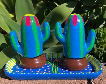 SET - Mexican Cactus Saleros Salt and Pepper Figurine Shakers Handpainted , Kitchen Decor
