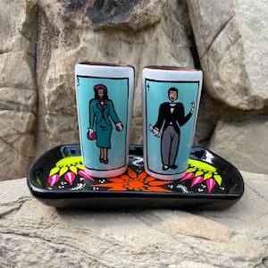 2oz, Mexican Loteria La Dama El Catrin Tequileros Clay Shot Glass With Plate Hand Painted Talavera Drink Ware SET of 2
