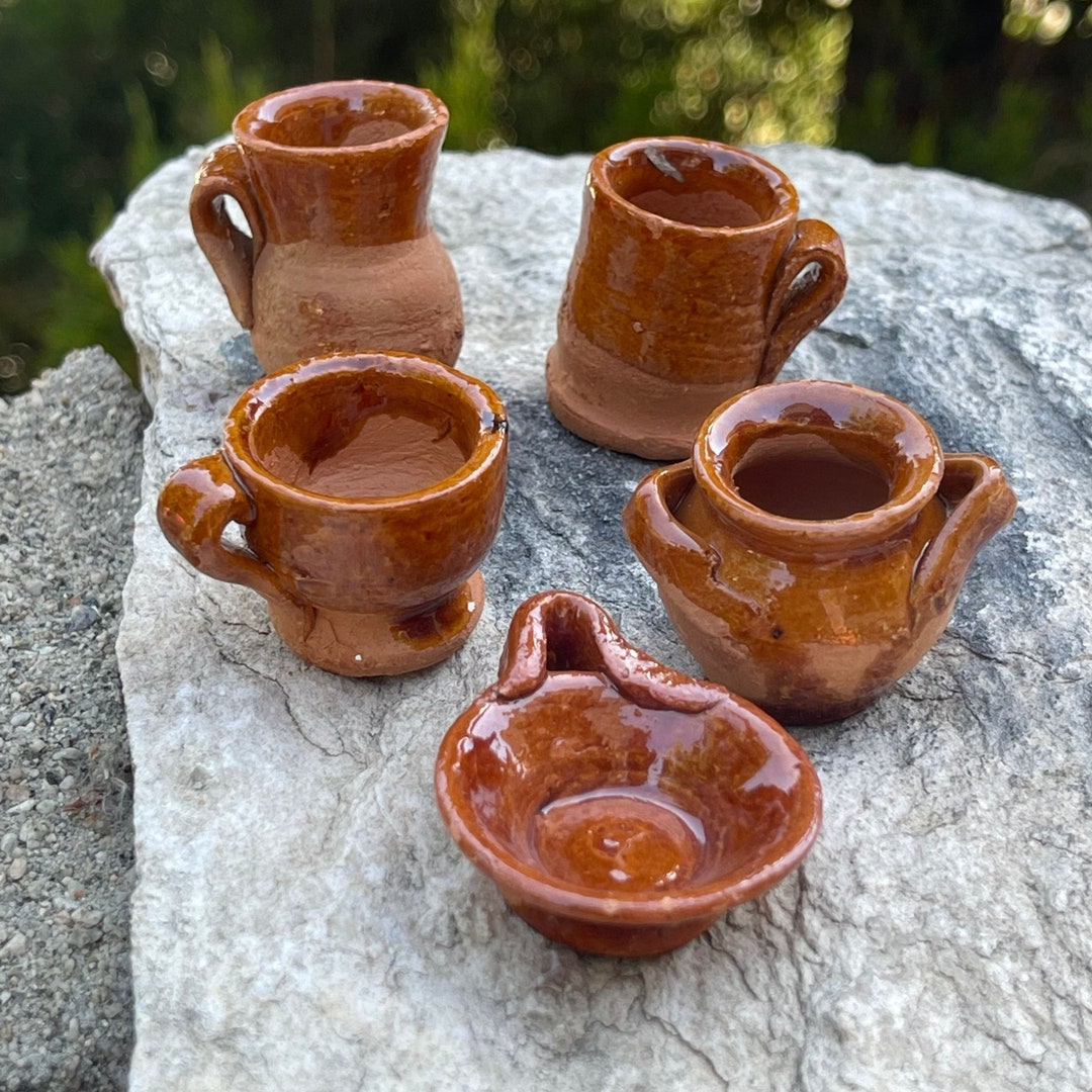 Set of Mini Mexican Pottery Ceramic Mud Mugs Jarritos Plate for Arts