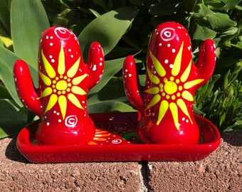SET - Mexican Cactus Saleros Salt and Pepper Figurine Shakers Handpainted , Kitchen Decor