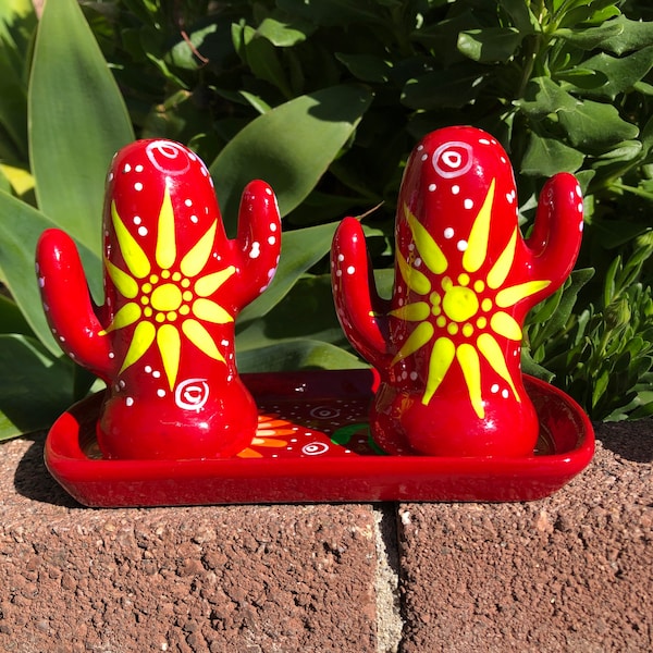 SET - Mexican Cactus Saleros Salt and Pepper Figurine Shakers Handpainted , Kitchen Decor