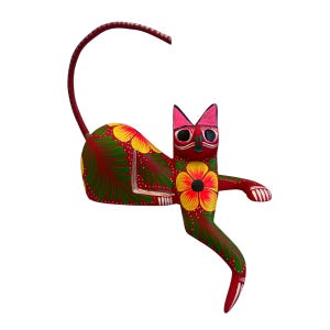 Cat Alebrije, Oaxaca Alebrije Wooden Hand Carved and Painted 5” Figurine