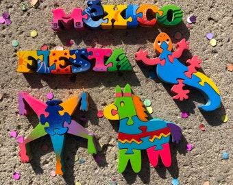 Cactus Mexicano Tequila Chile Puzzle Magnets - SET de 5 - Imanes de refrigerador de madera hechos a mano y pintados a mano