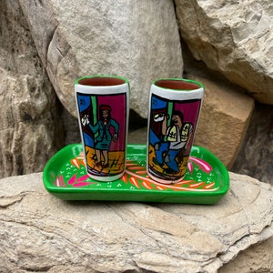 2oz, Mexican Loteria Borracho Tequileros Green Clay Shot Glass With Plate Hand Painted Talavera Drink Ware SET of 2