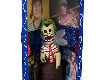 Skeleton El Chavo del Ocho Shadow Glass Box Nicho 6” Day of the Dead Skeletons Ofrenda Clay Barro Figurine Handmade