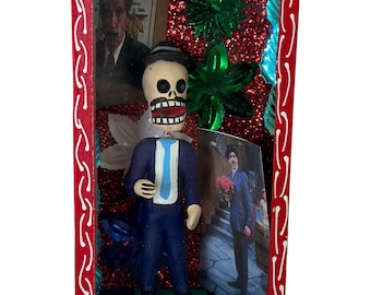 Skeleton El Chavo del Ocho Profesor Jirafales Shadow Glass Box Nicho 6” Day of the Dead Skeletons Ofrenda Clay Barro Figurine Handmade