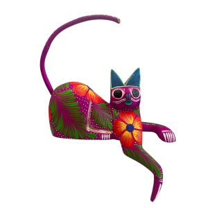 Cat Alebrije, Oaxaca Alebrije Wooden Hand Carved and Painted 5” Figurine