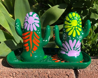 SET - Mexican Cactus Saleros Salt and Pepper Figurine Shakers Handpainted , Kitchen Decor