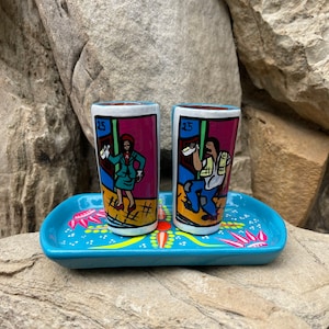 2oz, Mexican Loteria Borracho Tequileros Sky Blue Clay Shot Glass With Plate Hand Painted Talavera Drink Ware SET of 2