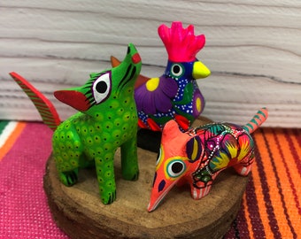 3 Oaxaca Alebrije Assorted Wooden Hand Carved and Painted 2” Figurine