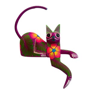 Cat Alebrije, Oaxaca Alebrije Wooden Hand Carved and Painted 5” Figurine