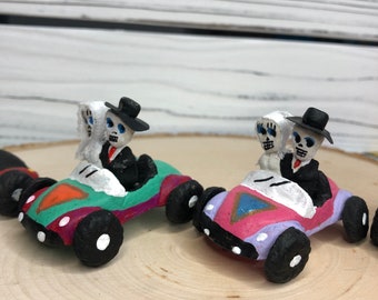 Mini Bride and Groom Skeletons - 2” Day of the Dead Skeletons Just Married Ofrenda Clay Barro Figurine Handmade - MULTIPLE COLORS