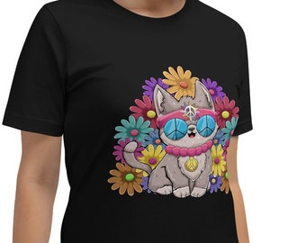 May include: Black t-shirt with a cartoon cat wearing peace sign sunglasses and a flower headband surrounded by colorful flowers.