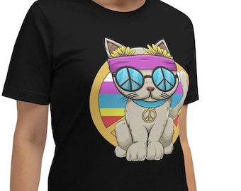May include: A black t-shirt with a graphic of a cat wearing sunglasses and a headband with flowers. The cat is sitting in front of a rainbow peace sign.