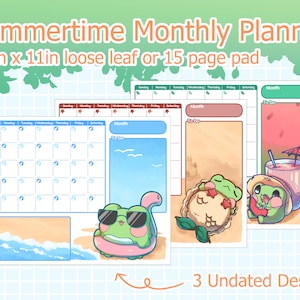 Planificador mensual sin fecha Summer Frog / Bloc de notas o hojas sueltas hecho a mano / Planificador de escritorio tamaño carta
