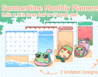 Summer Frog Undated Monthly Planner | Handmade Planner Pad or Loose Sheets | Letter Sized Desk Planner