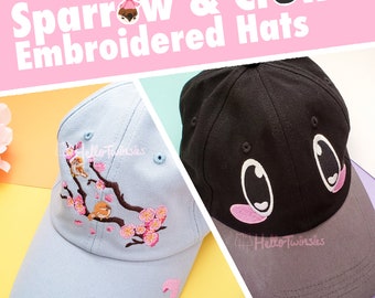 Blossoms & Sparrows Hat | Crow Head Hat | Embroidered Unstructured Dad Hat