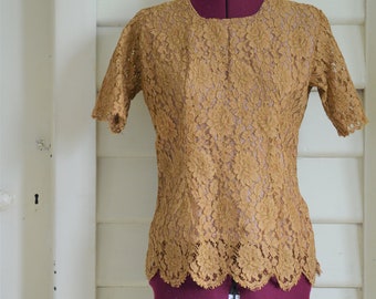 Vintage 60's brown lace scalloped blouse top S