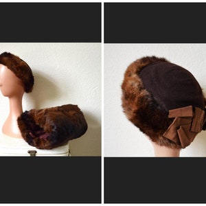 Vintage 1940's hat and muff set // brown wool FUR matching winter warm accessory 40s pin up reenactor true vintage retro //