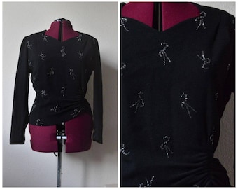 Vintage 1940's blouse // black crepe beaded top long sleeve shirt mid century // M L